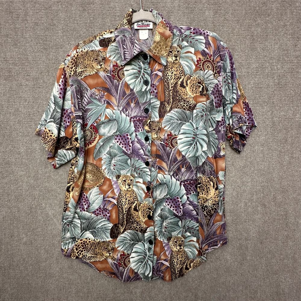 Vintage Jeri Marque M Button Up Shirt Tropical Leopard Print Brown Green Purple